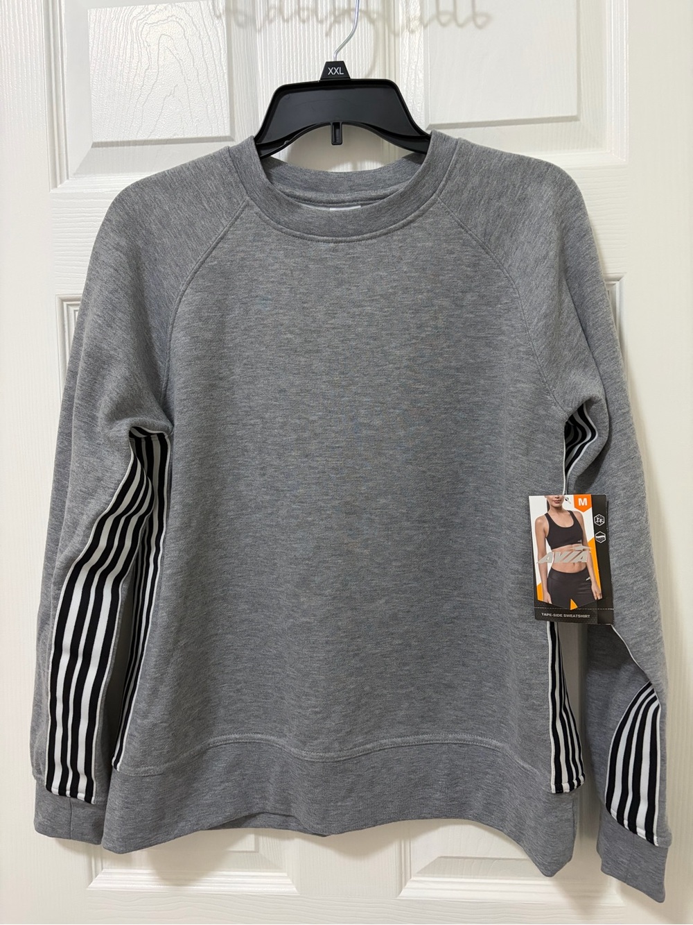 Avia Gray Crewneck Sweatshirt with Black-and-White Stripe Panels